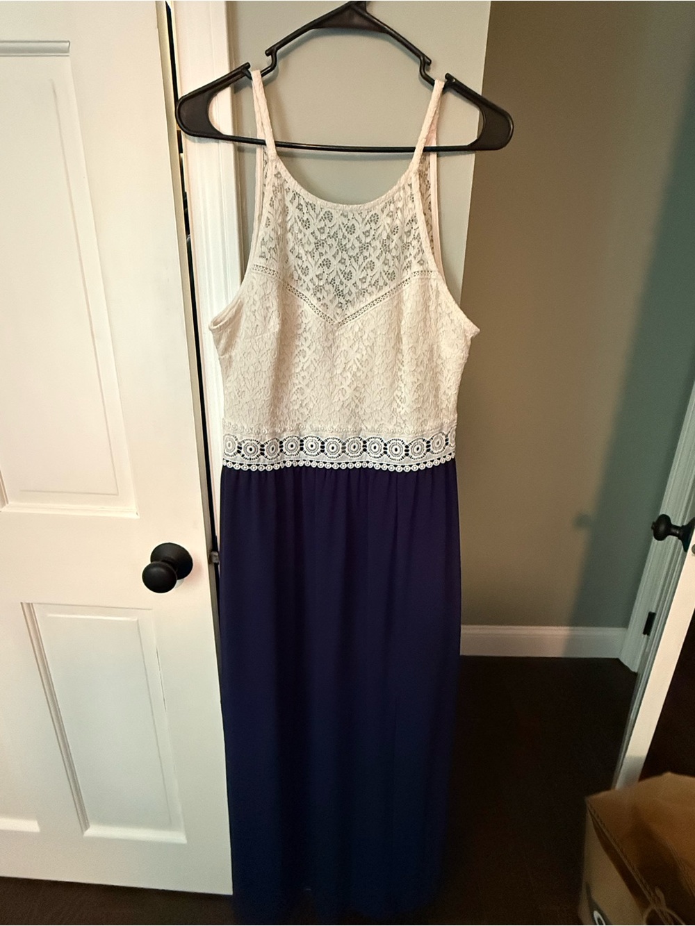 Iz Byer Lace Bodice Maxi Dress in Cream and Navy